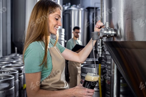 Preview: Female brewer working in craft brewery examining quality of the beer.