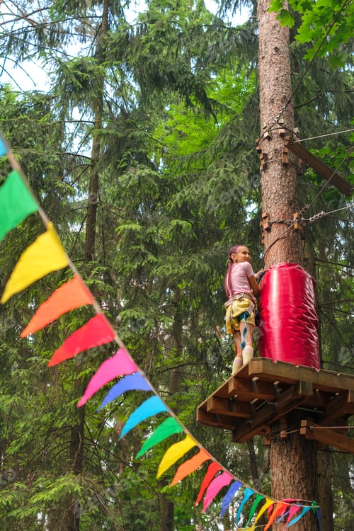 Preview: A girl on a bridge at the top of a tree in an outdoor sports park