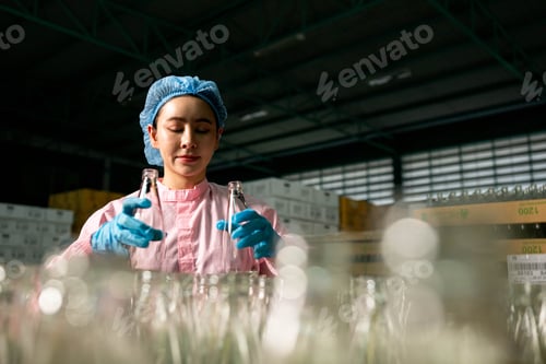 Preview: Worker inspecting empty glass bottles before filling process