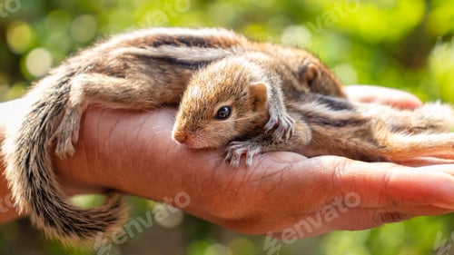 Preview: Cute small baby squirrels resting on girls hand