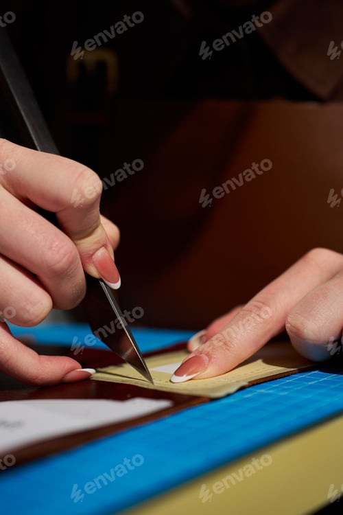 Preview: Woman artisan using a precision blade to cut natural leather around a pattern.