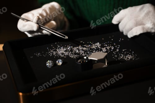 Preview: Gemologist holds a small diamond with tweezers for precise inspection and sorting.