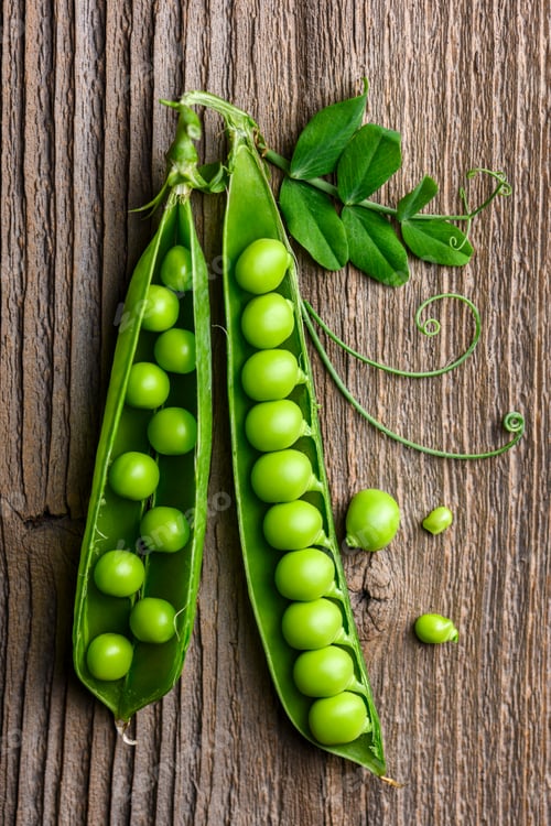 Preview: Fresh green peas in pods on wooden surface in top view