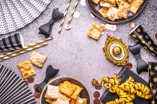 Preview: Overhead shot of carnival or party decorations with Chiacchiere as party food