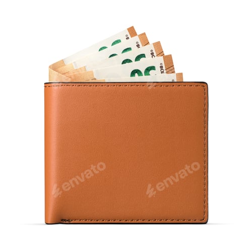 Preview: Leather wallet holding euro banknotes isolated on a white background.