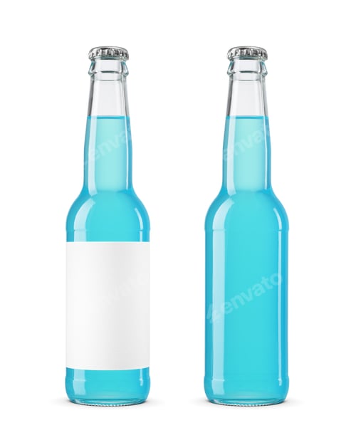 Preview: Two Glass Bottles with Vibrant Blue Liquid and Blank White Label