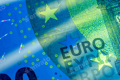 Preview: Euro banknote showing security features under ultraviolet light