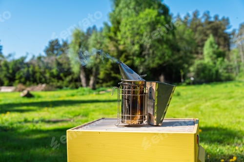Preview: Bee smoker tool emitting smoke on top of a yellow wooden beehive in a sunny green meadow field