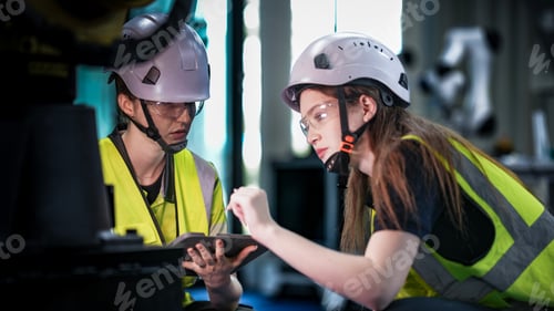 Preview: Two female robotics engineers in an R and D lab troubleshoot an artificial intelligence cobot. They