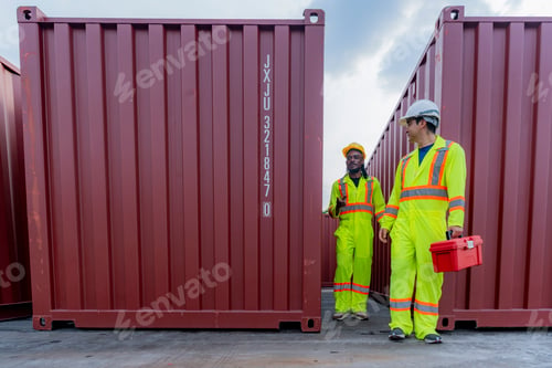 Preview: Asian and African American logistics experts having a productive discussion at a container depot. Si