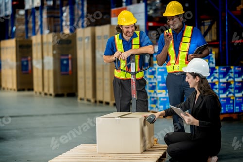 Preview: Cheerful logistics team coordinating inventory in a modern warehouse facility. Professional female m