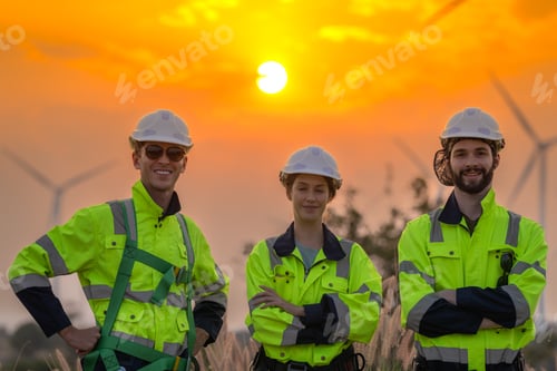 Preview: Team Engineers men and woman checking and inspecting on construction with sunset sky. people operati