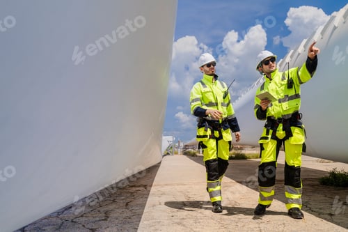 Preview: Engineers in High Visibility Safety Gear Conduct a Detailed Inspection of a Wind Turbine Blade at a