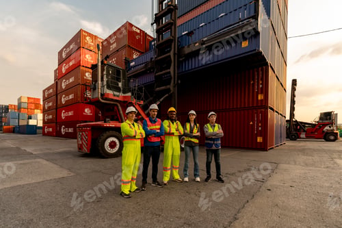 Preview: Happy diverse logistics team celebrating success by raising fists together at a container port. Succ