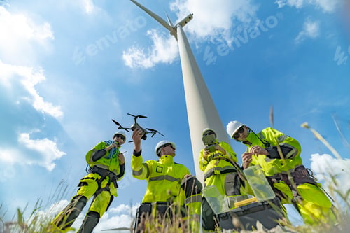 Preview: Engineers at a wind farm use a drone for inspection near a wind turbine. The image highlights the us