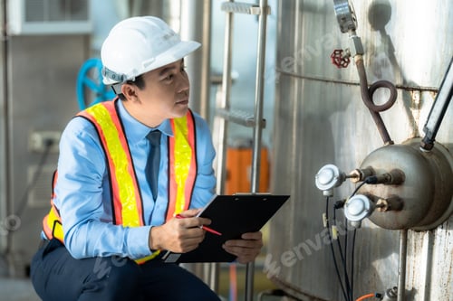 Preview: A dedicated quality control engineer in a safety uniform meticulously inspecting an industrial contr