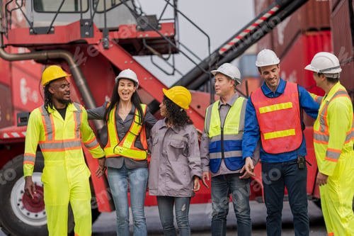 Preview: Team logistics workers in high visibility safety gear and hard hats discuss operations at a busy shi