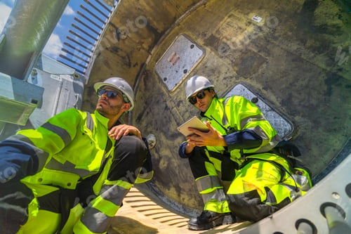 Preview: Project coordinators in full-body safety harnesses discussing installation logistics and site layout
