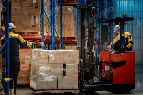 Preview: Professional industrial workers wearing safety uniforms managing supply chain logistics. Factory sup