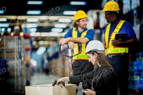 Preview: Cheerful logistics team coordinating inventory in a modern warehouse facility. Professional female m