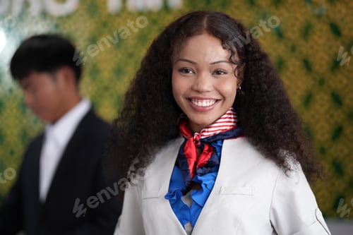 Preview: Smiling flight attendant in a uniform and neck scarf assists passengers at a modern airport terminal