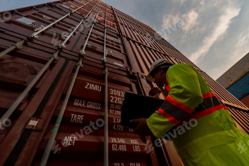 Preview: Container team in warehouse of men check the size of container at the door opening and closing, chec