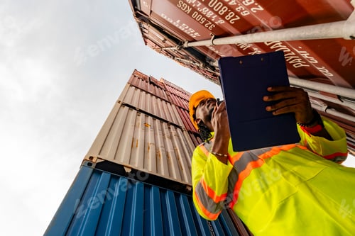 Preview: Container team in warehouse of men check the size of container at the door opening and closing, chec