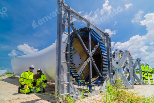 Preview: Two engineers in safety gear inspecting a wind turbine blade section on a construction site. They ex