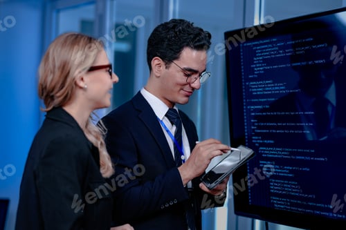 Vista previa: Focused professionals collaborate late night. A woman points out key details on a large screen using
