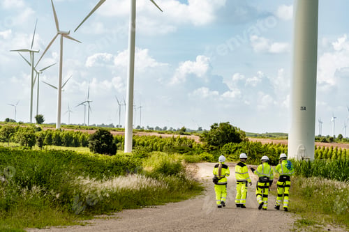 Preview: group of engineers in high visibility gear stands at a wind farm, observing several wind turbines. T