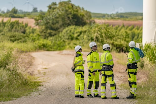 Preview: A group of engineers in high visibility gear walks through a wind farm with turbines in the backgrou