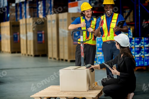 Preview: A diverse logistics team utilizing digital tablets, a walkie-talkie, and a hand pallet jack to verif
