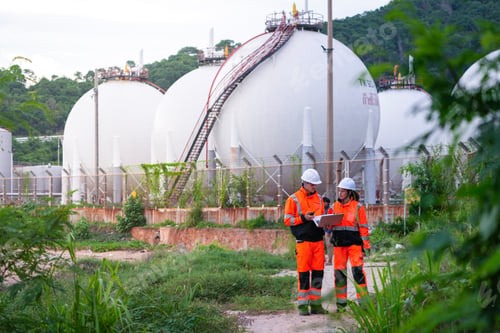 Preview: Two engineers in high-visibility safety gear and hard hats discuss project plans on a laptop in fron