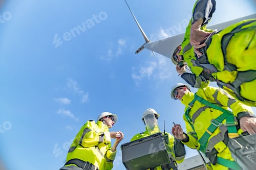 Preview: A team of engineers celebrates success after completing wind turbine maintenance at a wind farm. Ren