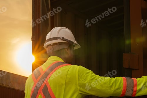 Preview: Logistics Workers Man Cheking Open Container Box on Site Area Operations at a Busy Shipping Containe