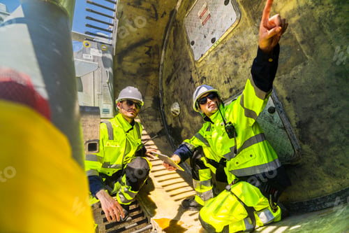 Preview: Project coordinators in full-body safety harnesses discussing installation logistics and site layout