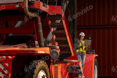 Preview: Two logistics workers man and woman discuss operations at a busy shipping container yard. successful