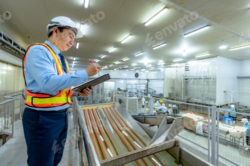 Preview: Asian factory workers are walking around inspecting the factory and production lines that use machin