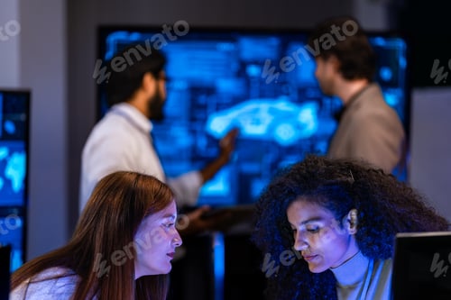 Preview: Red-haired female professional in a cream jacket and a Black female analyst work together near monit