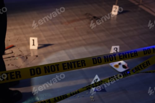 Preview: Forensic evidence markers and a bloody knife document the floor of a crime scene cordoned with yello