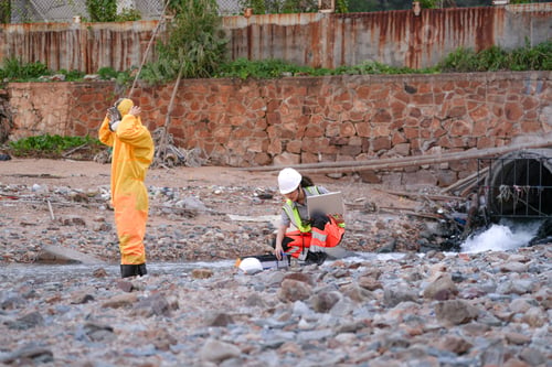Preview: Environmental field team in protective gear analyzes water samples on a polluted beach. One holds a