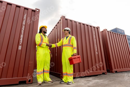 Preview: Asian and African American logistics experts having a productive discussion at a container depot. Si