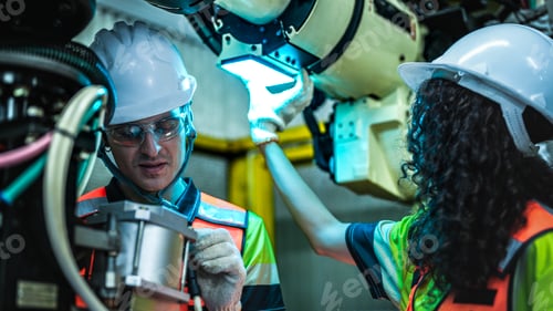 Preview: A male and female engineer in hard hats and safety vests collaborate on a high tech robotic arm. The