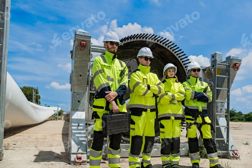 Preview: Engineers in Hard Hats and High-visibility Jackets Inspect a Massive Piece of Industrial Equipment O