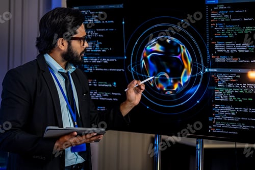 Preview: South Asian male cybersecurity analyst in a dark suit leans forward during a briefing in a blue-lit