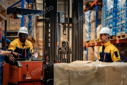 Preview: Rear view of logistics manager checking commercial package pallet while forklift operator giving thu