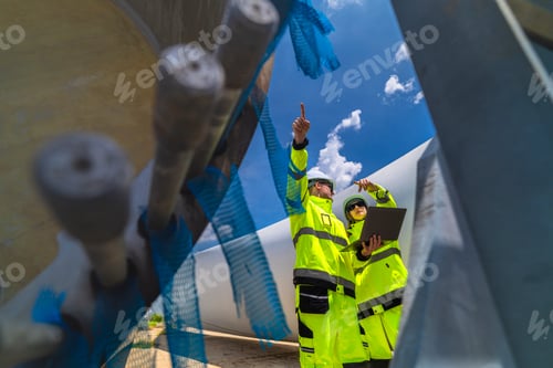 Preview: Two engineers in safety gear inspecting a wind turbine blade section on a construction site. They ex