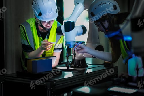 Preview: Focused AI researchers meticulousy calibrating an intelligent robotic prototype. Engineering team va