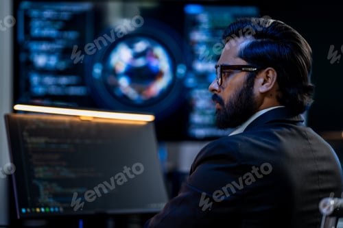 Preview: South Asian male security operations engineer in a dark blazer and lanyard addresses a team in a blu