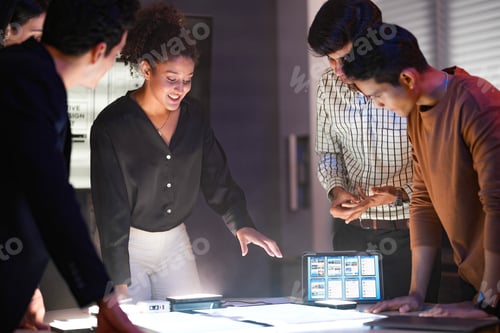 Preview: Diverse product development team conducting an intensive UI/UX design review for a new mobile applic